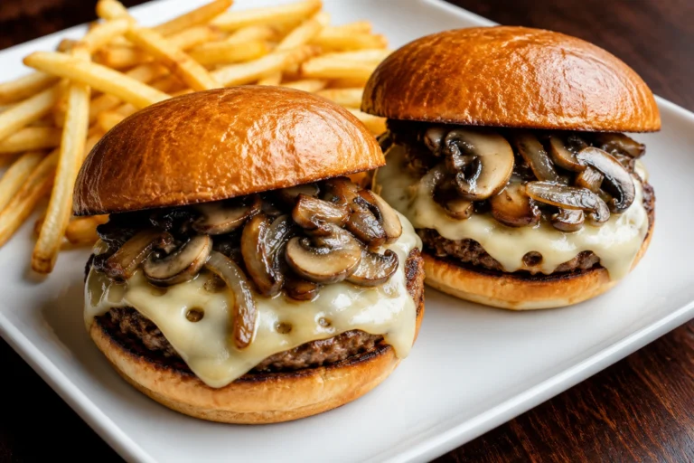 Juicy Swiss Mushroom Melt Recipe burgers topped with melted Swiss cheese, sautéed mushrooms, and caramelized onions served on a white plate with fries.
