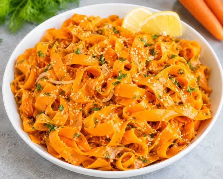 The Viral Carrot Ribbon Salad Eserved in a white bowl with sesame seeds, fresh herbs, and lemon slices.