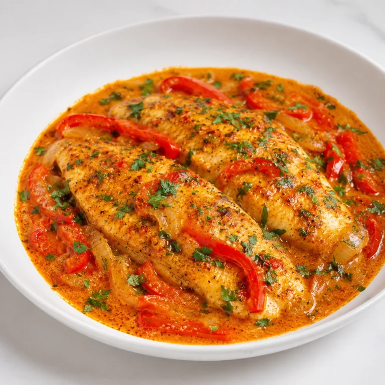 Quick Tilapia in Roasted Pepper Sauce served in a white bowl with creamy roasted red peppers, onions, and fresh herbs.
