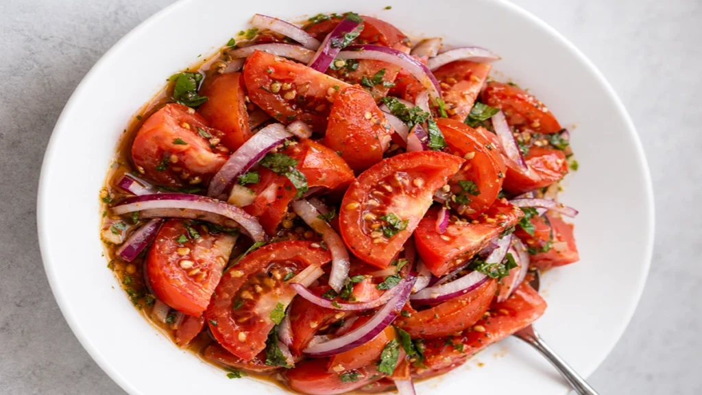 A fresh Best Tomato Onion Salad with chopped herbs in a white bowl.