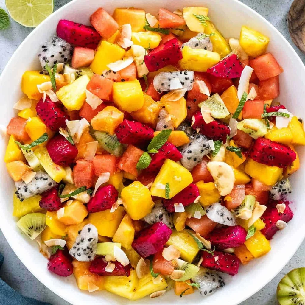 Easy Tropical Fruit Salad made with pineapple, mango, dragon fruit, kiwi, watermelon, and fresh mint in a white bowl.