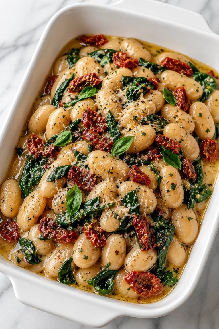 Tuscan Butter Beans with Spinach and Sun-Dried Tomato served in a white baking dish with creamy butter beans, wilted spinach, garlic sauce, and sun-dried tomatoes.