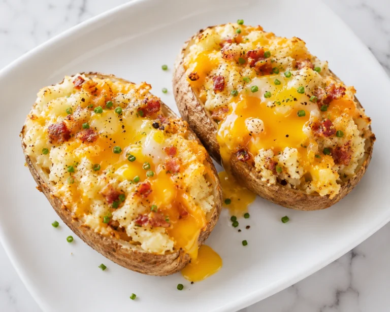 Twice Baked Loaded Breakfast Potatoes served on a white plate with melted cheese, crispy bacon, fluffy potatoes, and runny eggs.