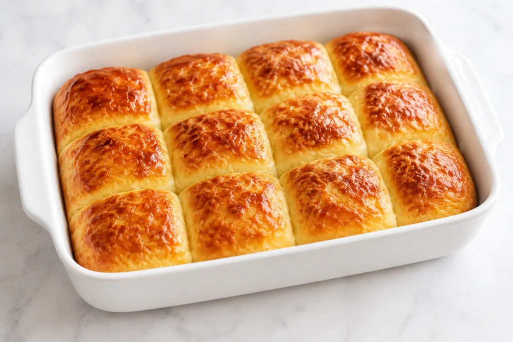 Freshly baked Zero Carb Yogurt Bread recipe rolls in a white baking dish with golden crispy tops and soft fluffy texture.