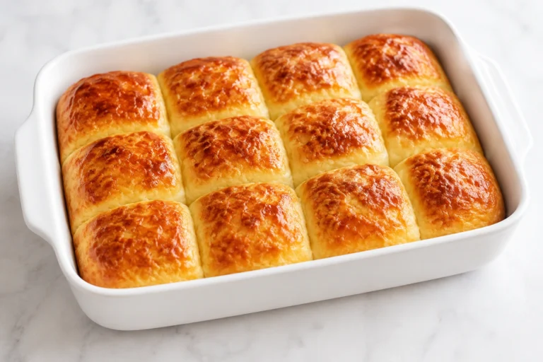 Freshly baked Zero Carb Yogurt Bread recipe rolls in a white baking dish with golden crispy tops and soft fluffy texture.
