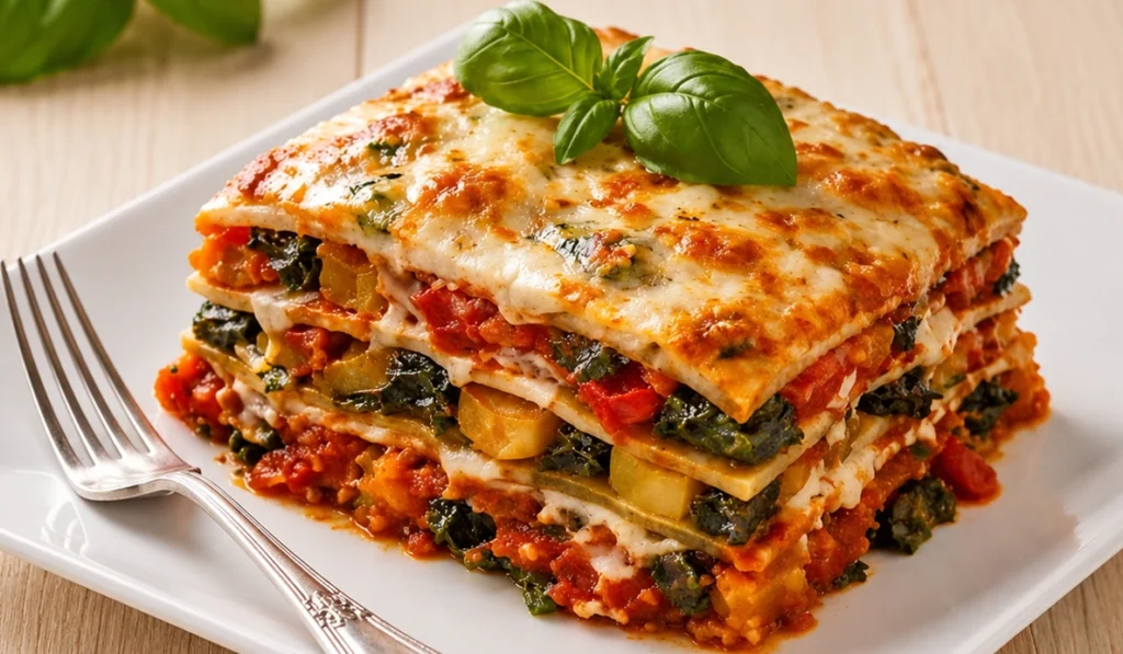 Best Hearty Vegetable Lasagna served on a white plate with layers of melted cheese, spinach, tomato sauce, and roasted vegetables on a beige wooden table.