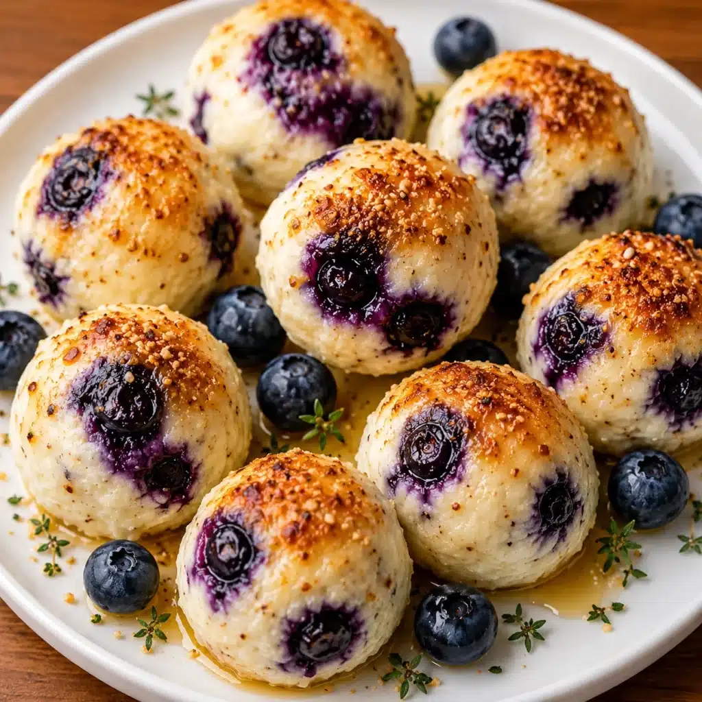 Golden Blueberry and Lemon Zest Cottage Cheese Bites served on a white plate with fresh blueberries and honey drizzle.