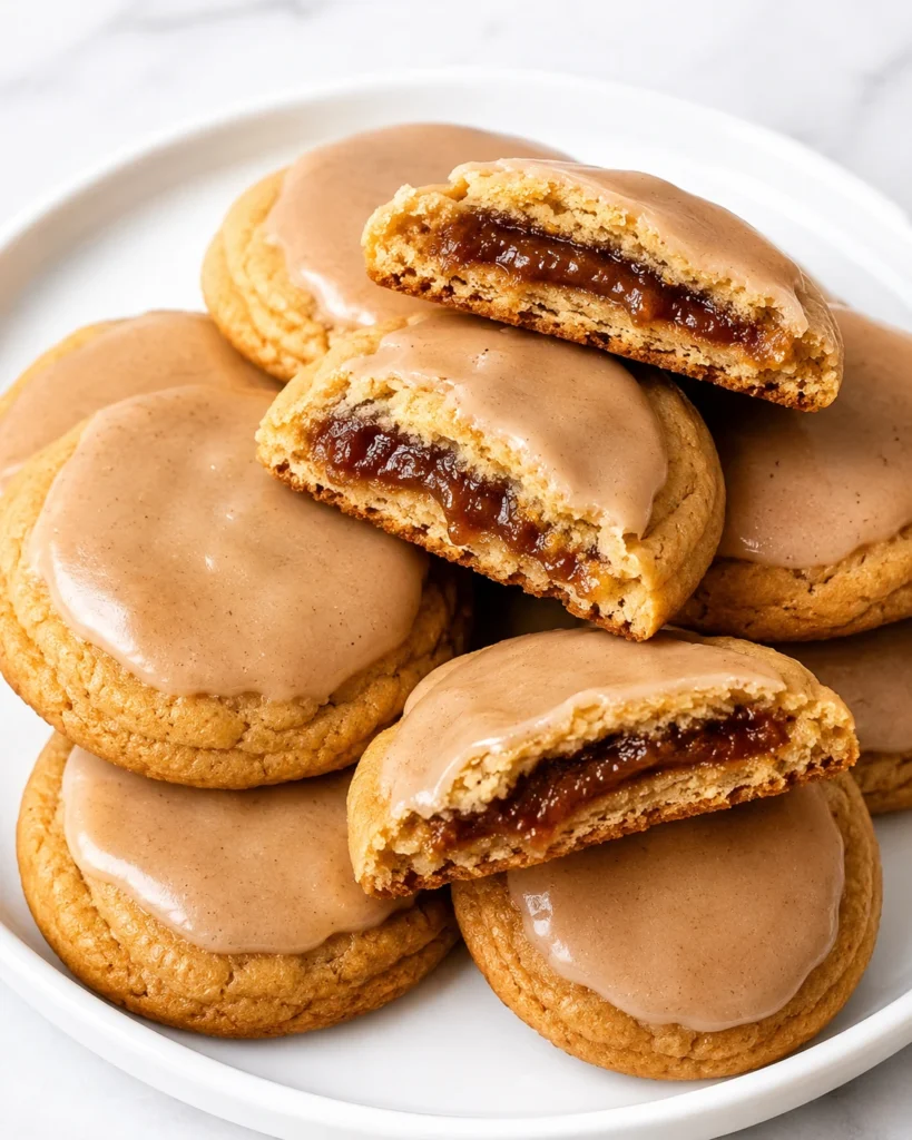 Brown Sugar Pop Tart Cookies with gooey cinnamon filling and creamy glaze served on a white plate.
