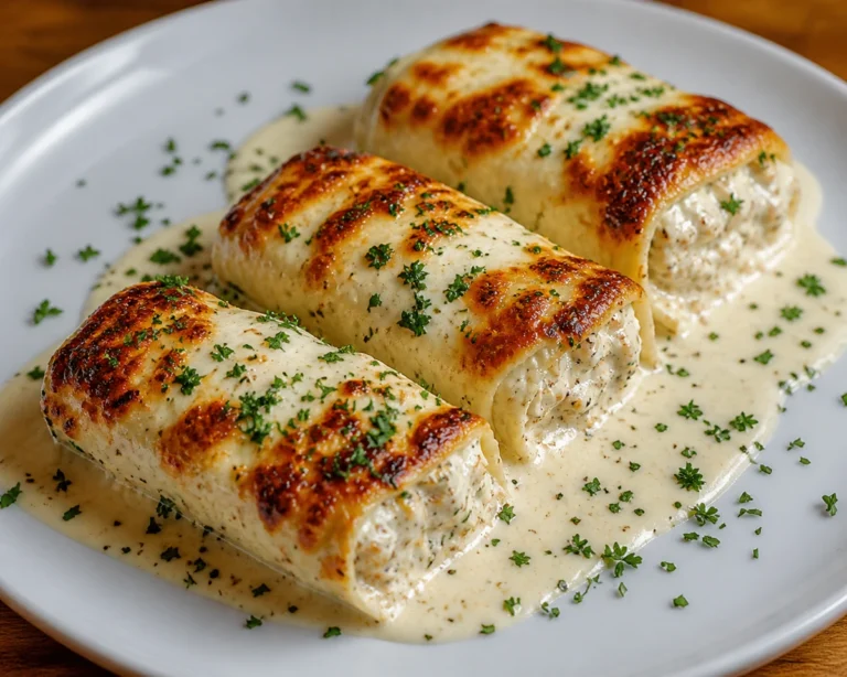 Three cheesy chicken alfredo lasagna rolls served on a white plate with creamy Alfredo sauce and fresh parsley garnish.