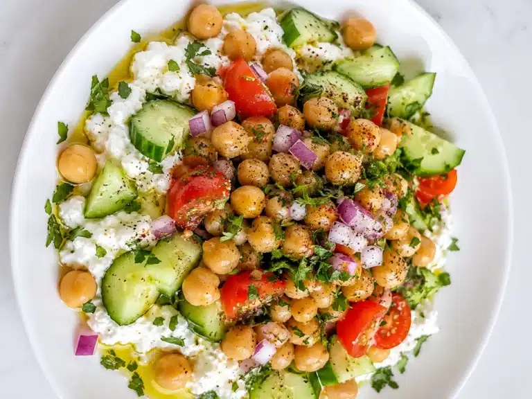 Fresh Chickpeas and Cottage Cheese Salad served in a white bowl with cucumbers, cherry tomatoes, red onion, herbs, olive oil, and black pepper.