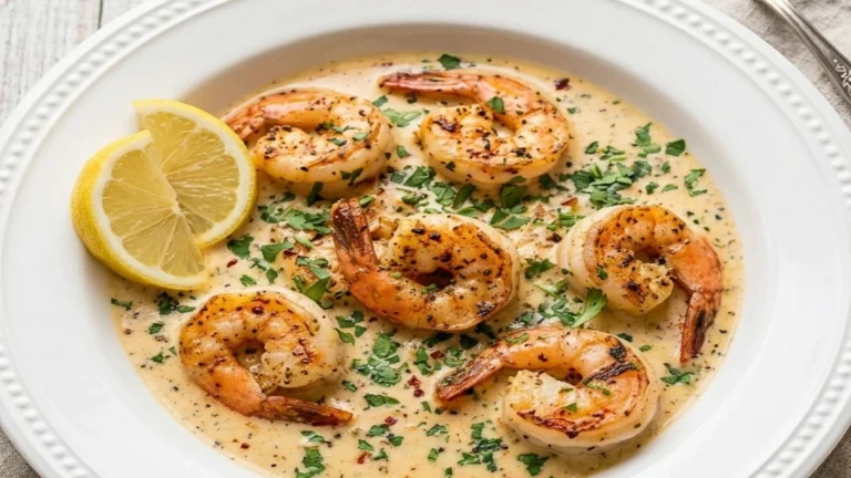 Close-up view of a creamy garlic and herb shrimp dish in a white bowl, garnished with fresh herbs and a lemon wedge.