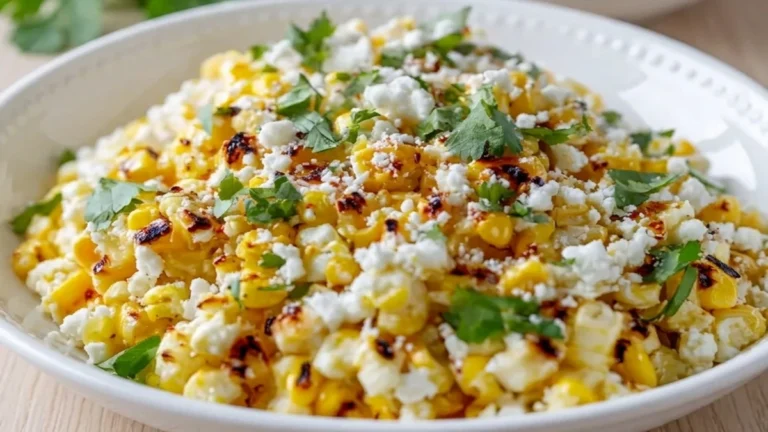 Creamy Mexican Street Corn Salad topped with crumbled cheese, fresh cilantro, and charred corn kernels in a white bowl