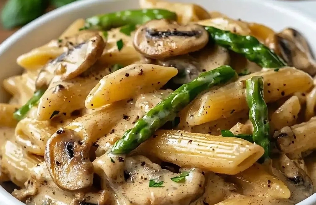 Creamy Mushroom and Asparagus Chicken Penne served in a bowl with tender chicken, sautéed mushrooms, asparagus, and a rich creamy sauce.