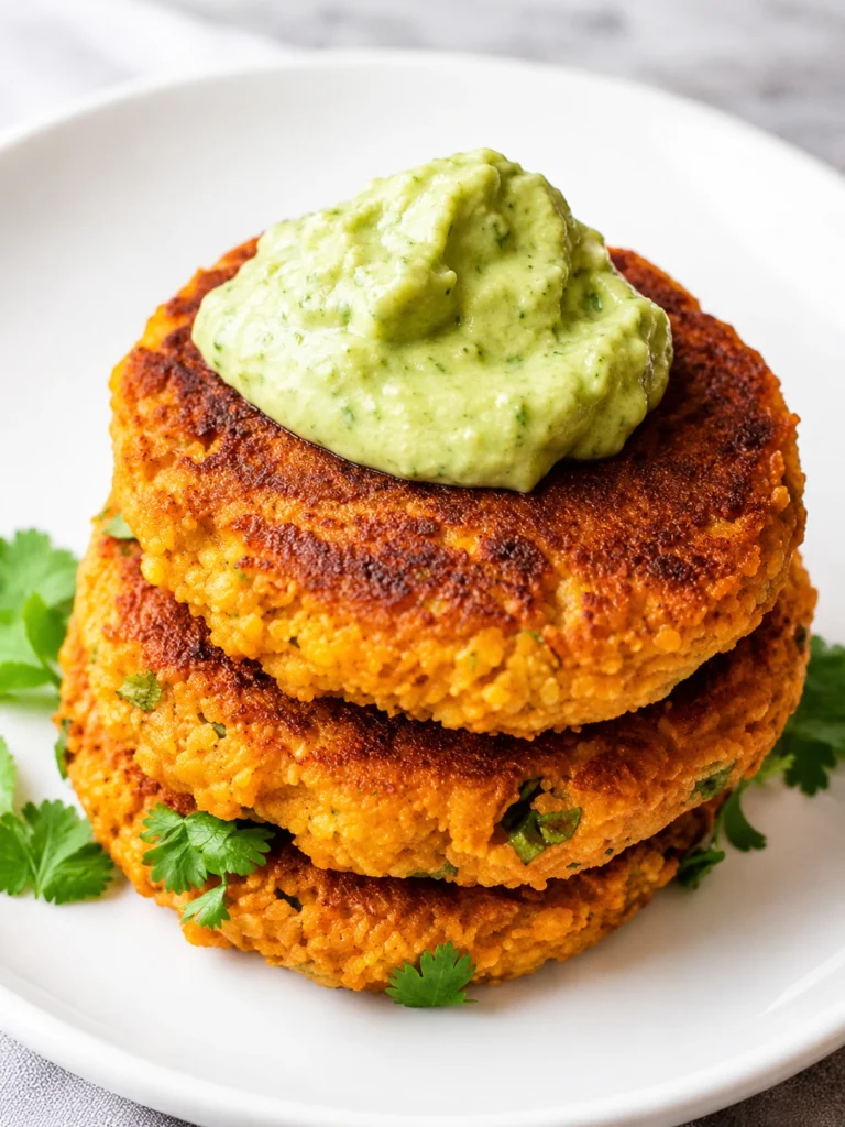 Crispy sweet potato red lentil patties stacked on a white plate with creamy avocado sauce and fresh cilantro garnish.