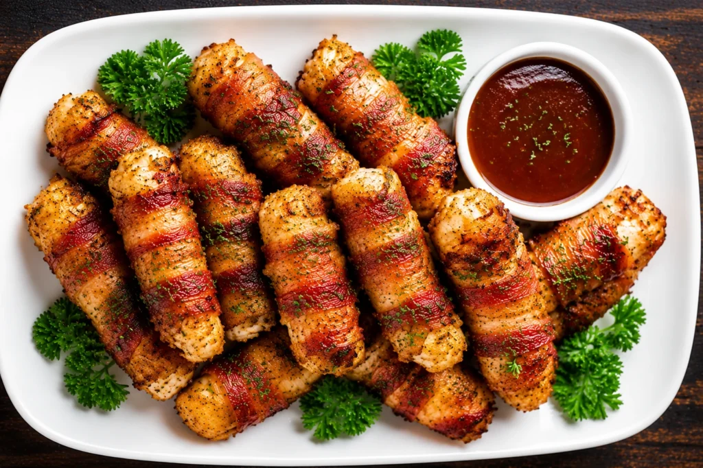 Easy Bacon Wrapped Mozzarella Sticks served on a white platter with crispy bacon, melted mozzarella cheese, parsley, and dipping sauce.