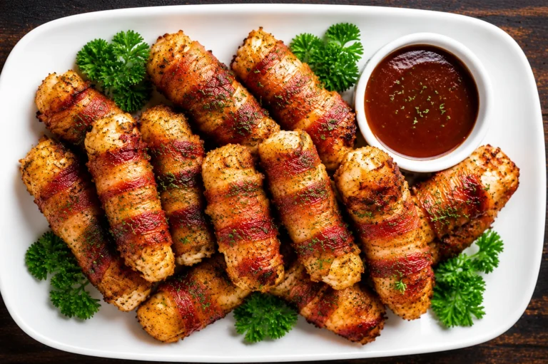 Easy Bacon Wrapped Mozzarella Sticks served on a white platter with crispy bacon, melted mozzarella cheese, parsley, and dipping sauce.