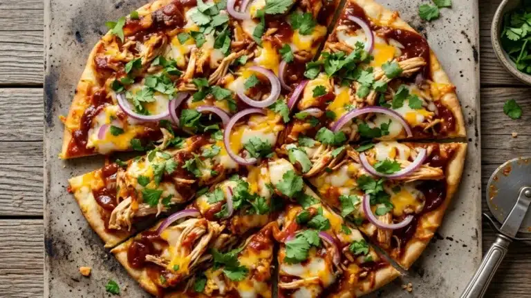 Easy BBQ Chicken Flatbread Recipe topped with shredded chicken, melted cheese, red onions, cilantro, and smoky barbecue sauce on crispy flatbread.