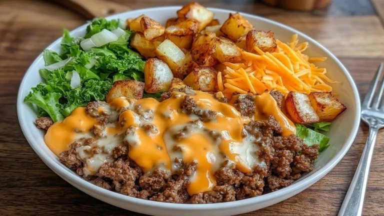 Best Sizzling Summer Crockpot Easy Smash Burger Bowl with cheesy ground beef, roasted potatoes, fresh greens, and melted cheese the ultimate easy comfort meal for summer dinners.