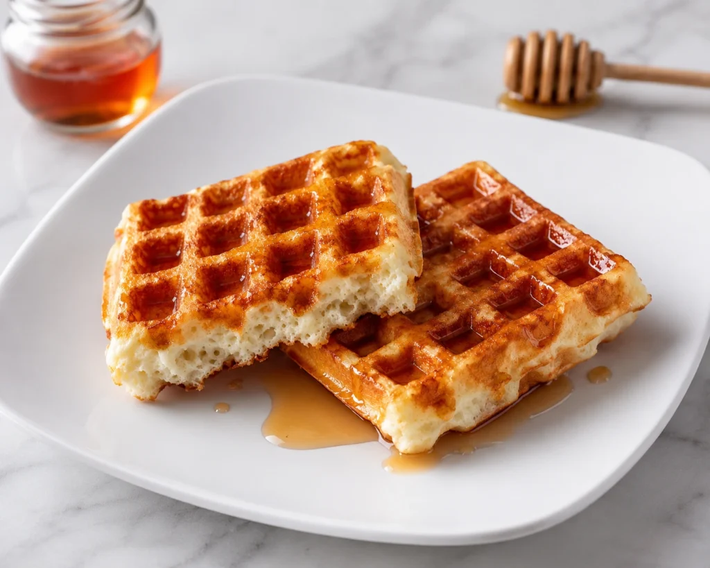 Fluffy High Protein Greek Yogurt Waffles Recipe served on a white plate with honey drizzle and golden crispy texture.