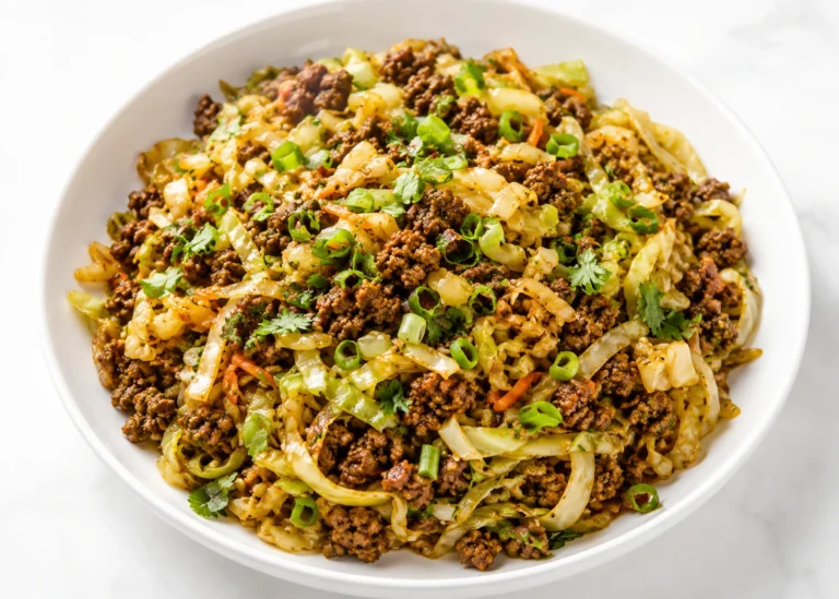 Garlic Ginger Ground Beef & Cabbage Skillet served in a white bowl with seasoned ground beef, sautéed cabbage, green onions, and fresh herbs.