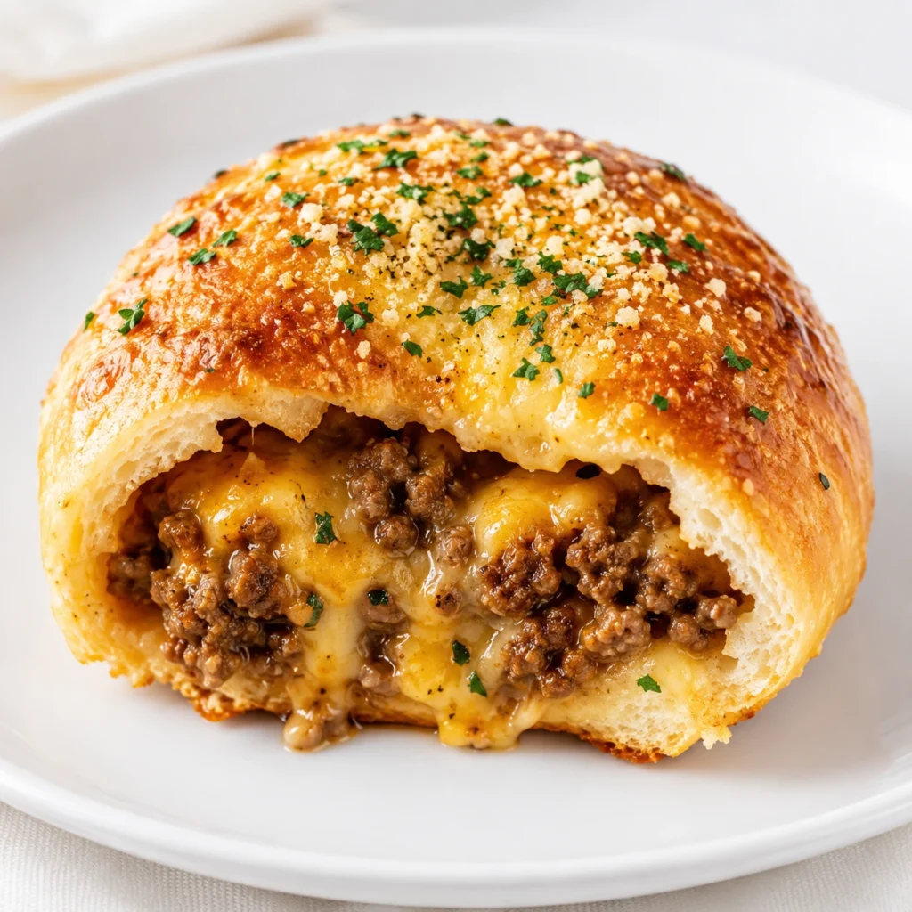 Close-up of garlic parmesan cheeseburger bombs with melted cheese and seasoned beef filling served on a white plate.