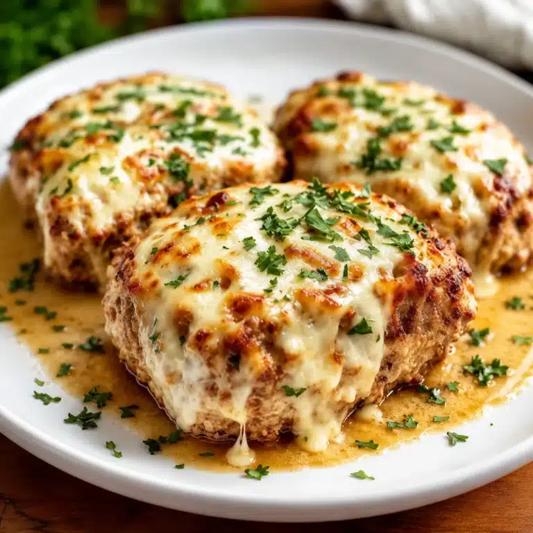 Garlic Parmesan Meatloaf Recipe served on a white plate with melted parmesan cheese, creamy garlic sauce, and fresh parsley garnish.
