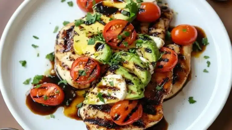 Grilled California Avocado Chicken topped with avocado slices, cherry tomatoes, balsamic glaze, and fresh herbs on a white plate.