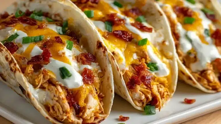 Healthy Crack Chicken Tacos filled with shredded chicken, melted cheddar cheese, crispy bacon, sour cream, and green onions in soft tortillas.