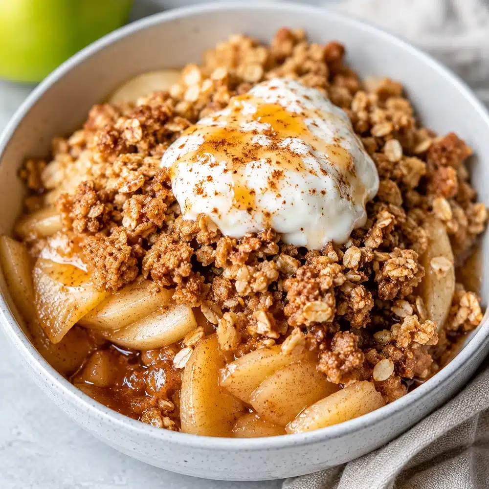 Healthy High Protein Apple Crisp topped with crunchy oat crumble and creamy yogurt in a rustic bowl with warm cinnamon apples.