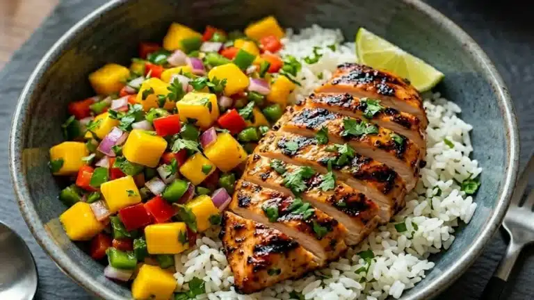 Healthy Honey Lime Chicken served over rice with fresh mango salsa, grilled chicken slices, lime wedges, and colorful vegetables in a bowl.