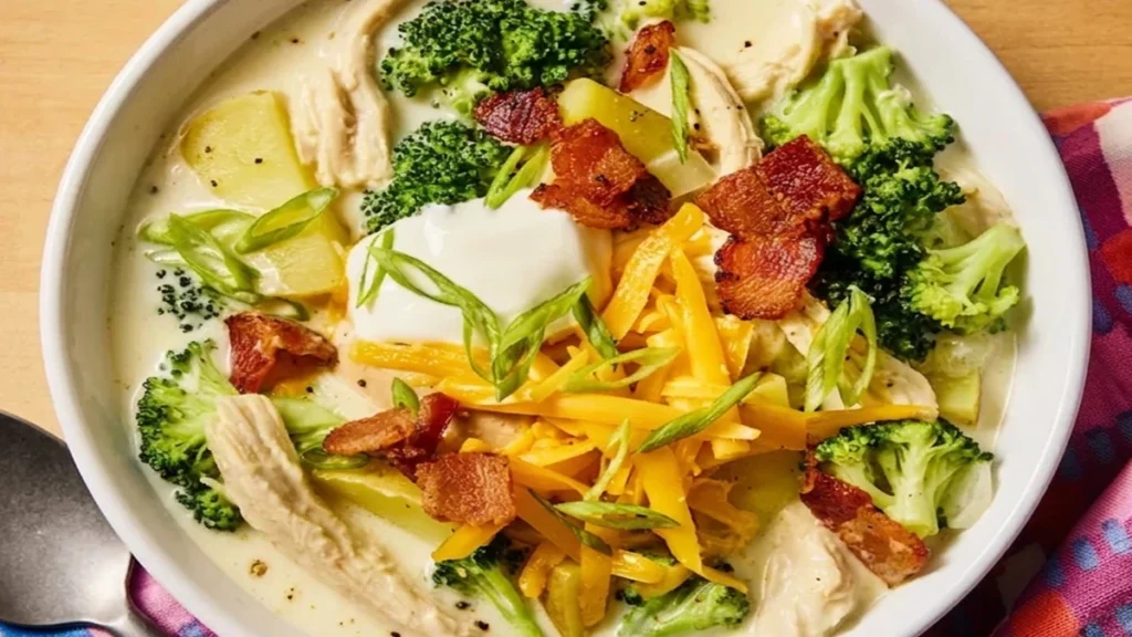 High-Protein Breakfast Soup with chicken, broccoli, bacon, cheese, and creamy broth served in a bowl