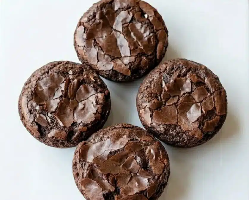 Fudgy High Protein Brownie Bites with crackly chocolate tops served on a white background.