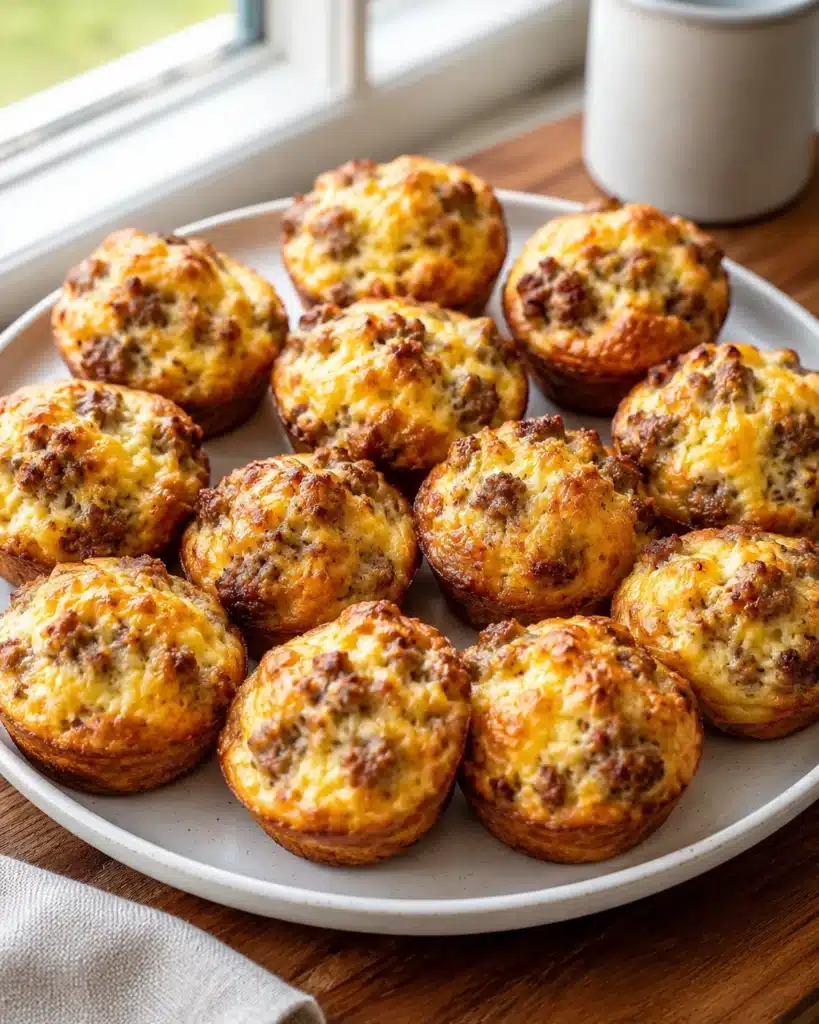 Golden High-Protein Pancake Sausage Mini Muffins baked with melted cheese and savory sausage, served on a white plate for an easy meal prep breakfast.