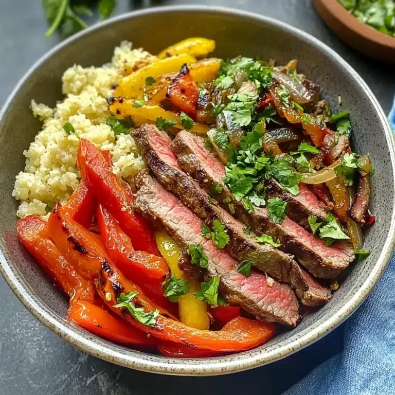 High Protein Steak Fajita Bowl with sliced grilled steak, roasted bell peppers, onions, and cauliflower rice in a healthy low-carb bowl.