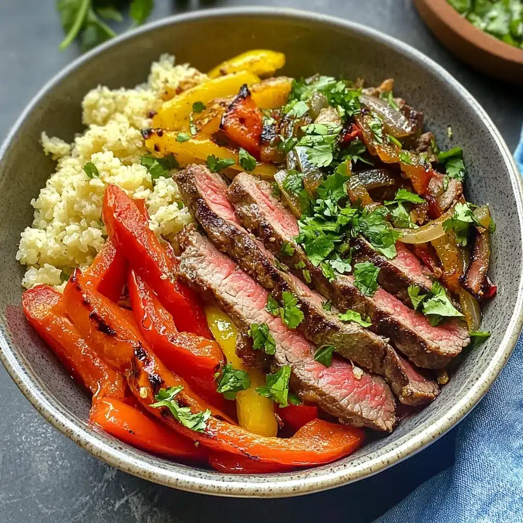 High Protein Steak Fajita Bowl with sliced grilled steak, roasted bell peppers, onions, and cauliflower rice in a healthy low-carb bowl.