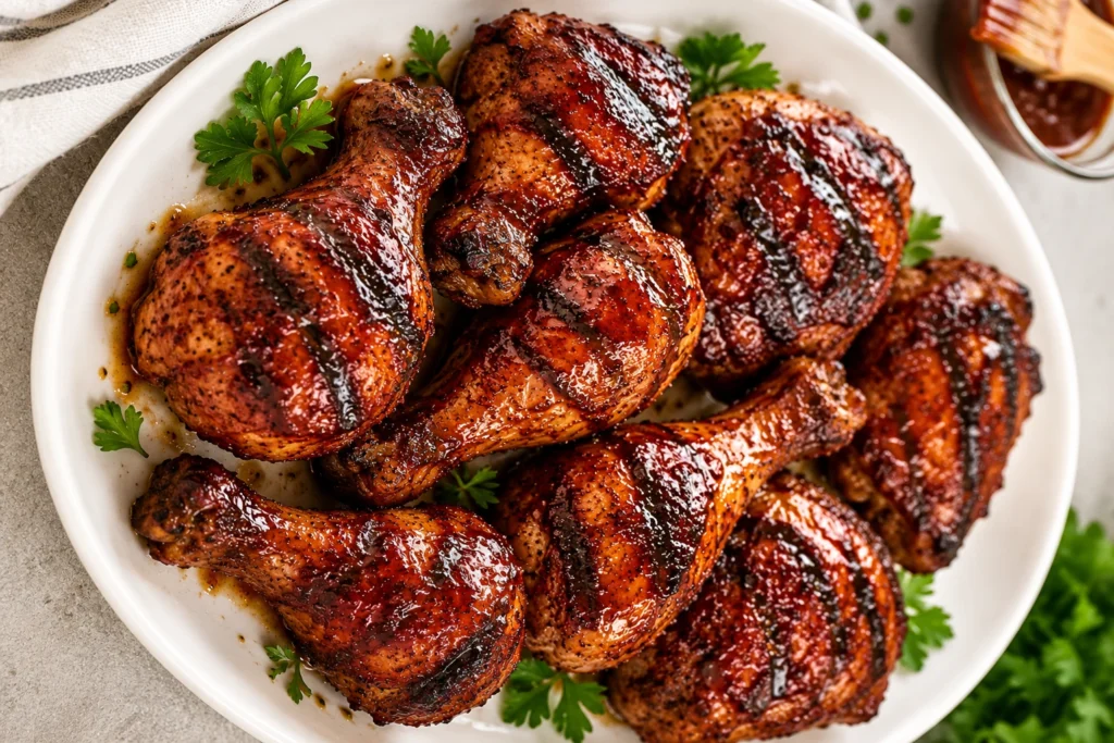 Juicy BBQ Chicken Recipe served on a white plate with glazed grilled chicken drumsticks and thighs topped with fresh parsley.