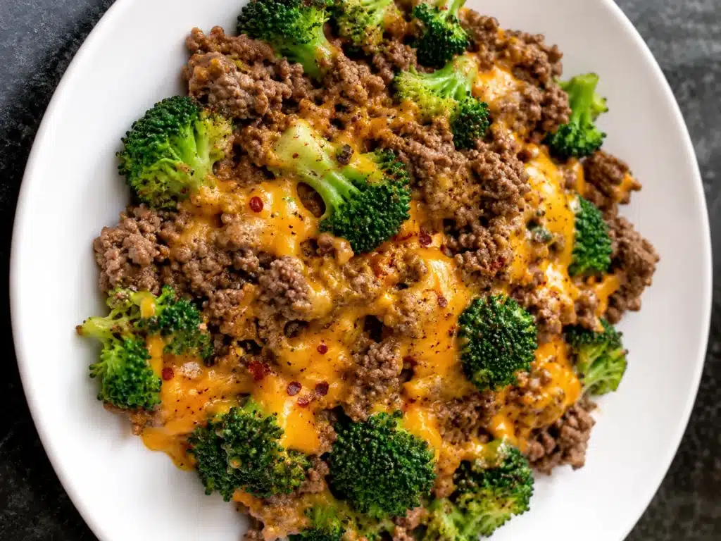 Keto Hamburger Broccoli Skillet served in a white bowl with ground beef, broccoli, and melted cheddar cheese.