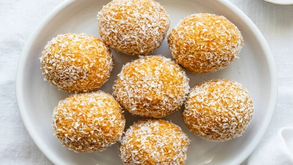 Healthy Keto no bake Carrot Cake Bites coated in shredded coconut and served on a white plate for a low carb snack.