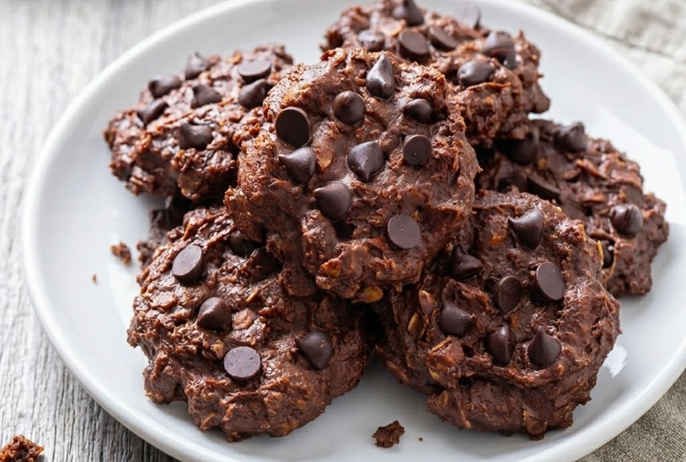 Rich and fudgy Keto No-Bake Cookies topped with chocolate chips on a white plate, perfect for a low-carb chocolate dessert.