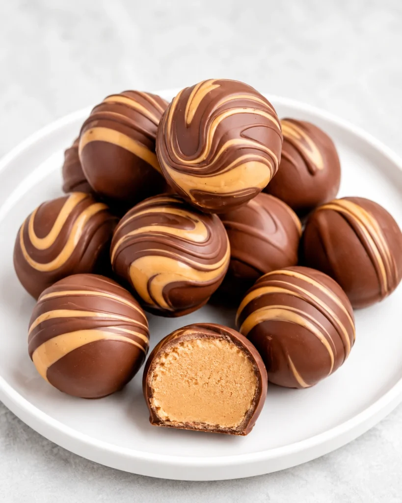 Keto Peanut Butter Chocolate Fat Bombs arranged on a white plate with glossy chocolate coating and creamy peanut butter filling.
