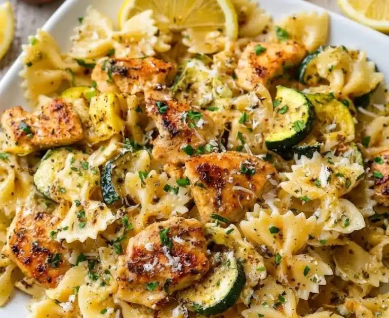 Lemon Chicken Pasta with grilled chicken, bowtie pasta, zucchini, parmesan cheese, and fresh herbs in a creamy lemon garlic sauce.