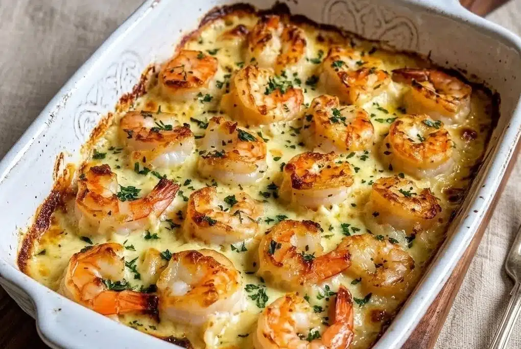 Low-Carb Shrimp Tuscan Bake with juicy baked shrimp in a creamy cheesy garlic sauce topped with herbs in a casserole dish.