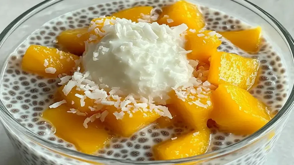 Mango Coconut Chia Protein Pudding topped with fresh mango chunks, coconut flakes, and creamy yogurt in a glass bowl.