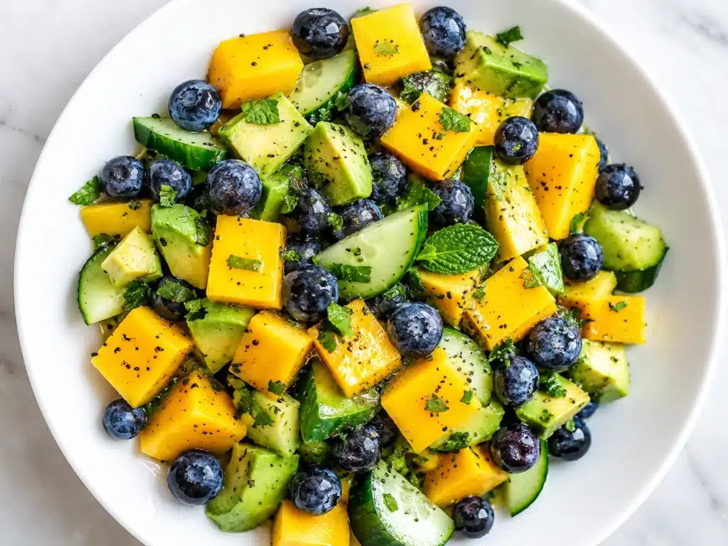 Fresh Mango Cucumber Salad with Blueberries and Avocado served in a white bowl with juicy mango chunks, crisp cucumber, creamy avocado, and sweet blueberries.