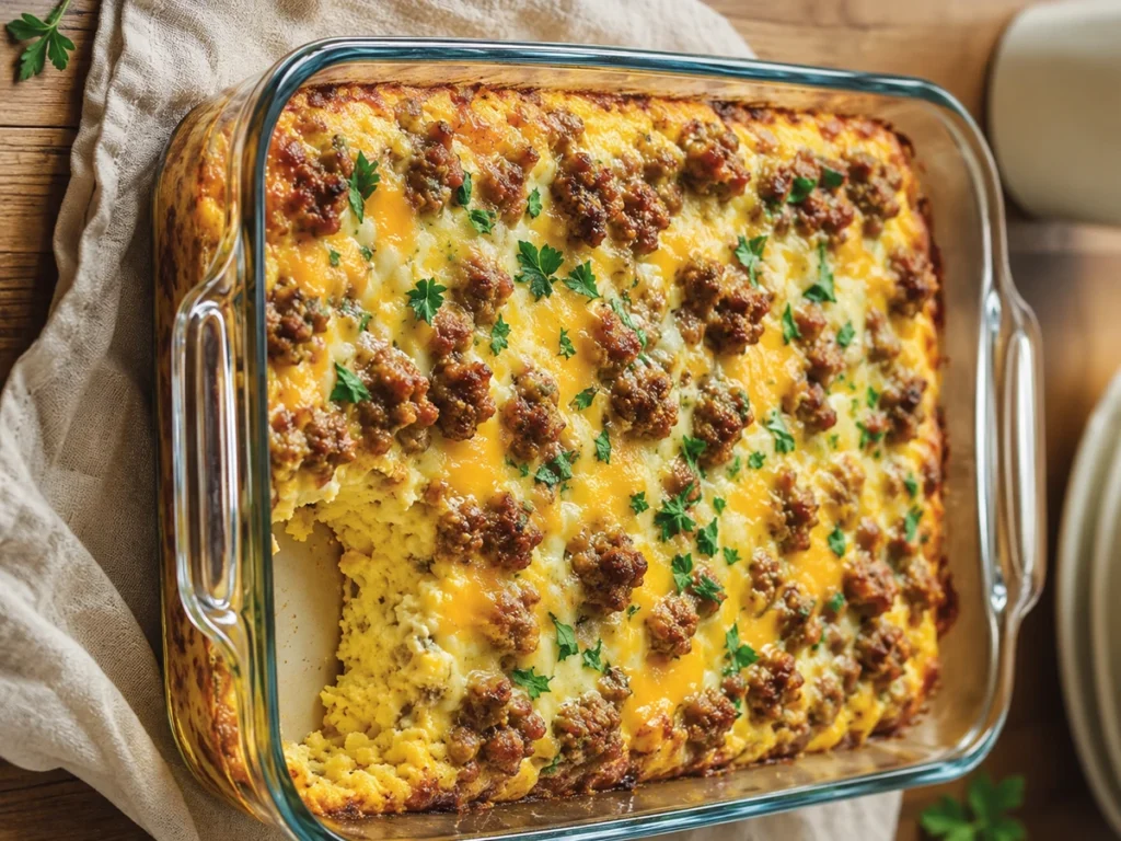 Quick & Easy High-Protein Breakfast Casserole baked in a glass dish with melted cheese, sausage, and fresh parsley topping.