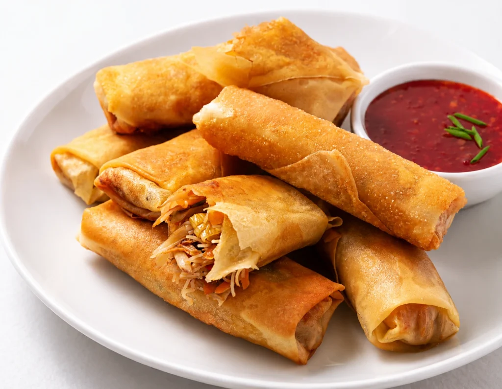 Crispy Sesame Veggie Spring Rolls served on a white plate with sweet chili dipping sauce, golden brown and filled with fresh vegetables.