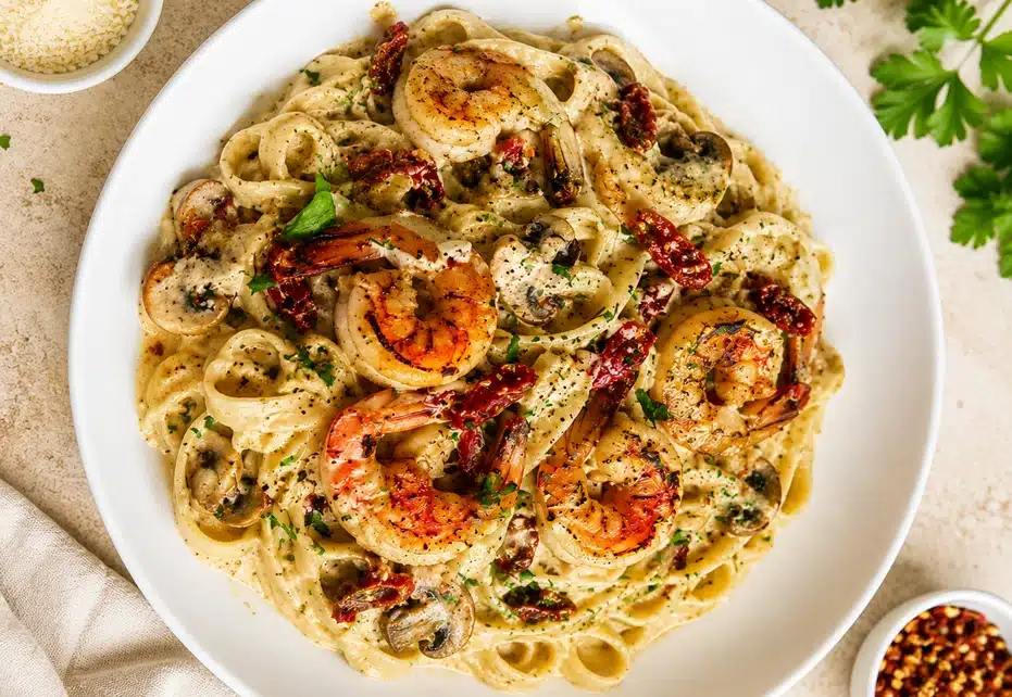 Creamy Spicy Blackened Shrimp Stroganoff served in a white bowl with fettuccine pasta, mushrooms, sun-dried tomatoes, and seasoned shrimp.