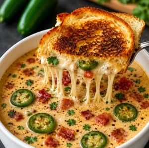 Spicy Jalapeño Popper Soup with Grilled Cheese Dippers served in a white bowl with crispy bacon, sliced jalapeños, melted cheese, and toasted grilled cheese sandwich.
