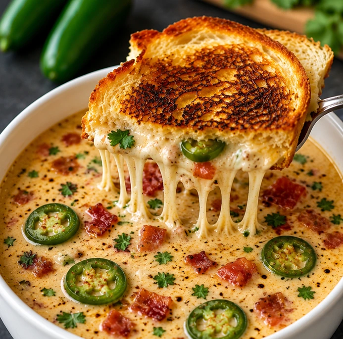 Spicy Jalapeño Popper Soup with Grilled Cheese Dippers served in a white bowl with crispy bacon, sliced jalapeños, melted cheese, and toasted grilled cheese sandwich.