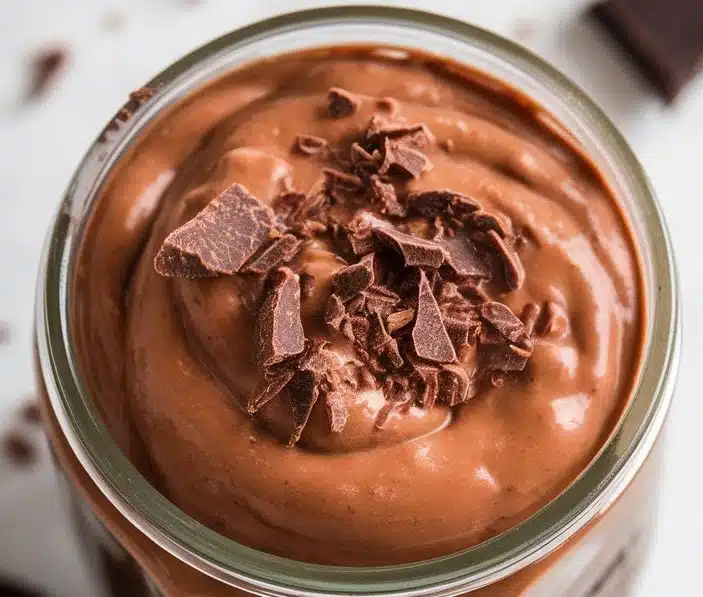 Super High Protein Chocolate Pudding for Easy Snacking topped with rich dark chocolate shavings in a glass jar.